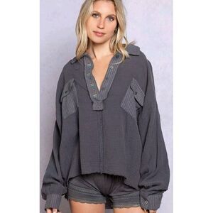 POL‎ Clothing Texture Half Button Long Sleeve Womens Gray NWOT